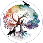 logo arbre de vie reprenant les couleurs des chakras, et 4 animaux en ombre, loup, lapin, cerfs, aigle